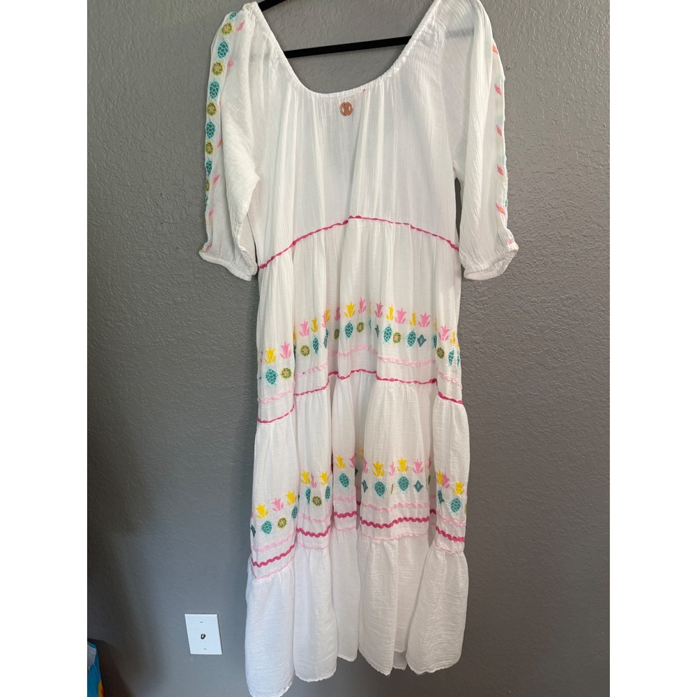 Simply Southern White Gauze Dress L Embroidered Turtle Pineapple Tiered Midi - Picture 9 of 10
